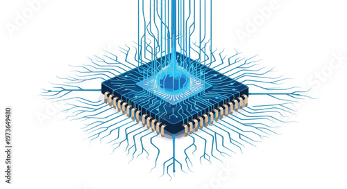Intricate digital processor chip features a central glowing blue energy sphere with complex data pathways radiating outwards in a pristine white environment.