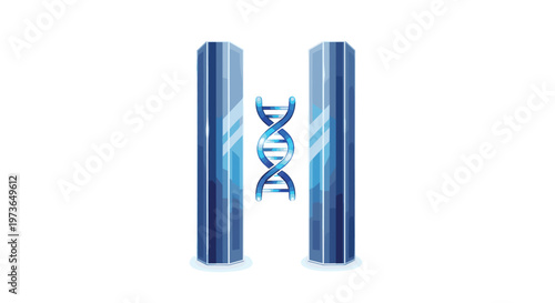 Two sleek dark blue metallic pillars flank a central glowing DNA double helix structure suspended in a pristine and minimalist bright white laboratory space.