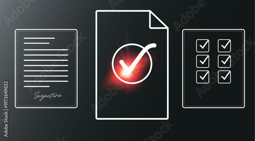 Three documents with signature checkmarks and checklist
