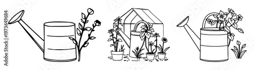 Greenhouse watering can set with black line art on white background featuring watering can, greenhouse, horticulture with line art and illustration