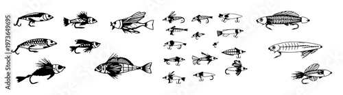 Fly fishing lure set with fine black line art silhouetted against white background featuring fly fishing, fish lures, angling gear with aquatic design and illustration