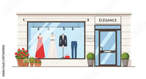 Boutique storefront named Elegance features a large glass display window showcasing mannequins dressed in formal evening wear and suits in a bright setting.