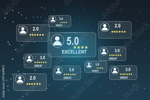 User reviews with star ratings and feedback on dark background