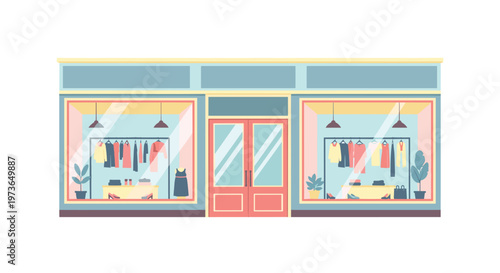 Clothing store facade features two large display windows and a central door with racks of colorful garments visible inside in a bright and minimalist space.