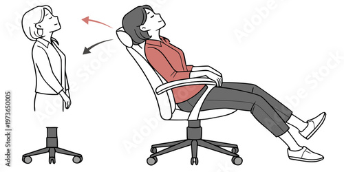 Illustration of a woman reclining in an office chair with proper posture and an alternate view of a woman standing with good posture