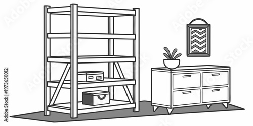 Black and white illustration of a shelving unit with storage boxes and a dresser with a potted plant on top
