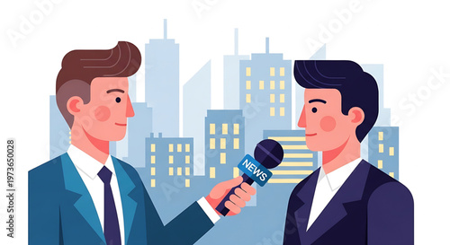 Journalist interviews a businessman in a city with buildings in the background, highlighting the media and corporate world