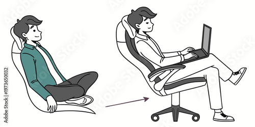 Illustration of a man demonstrating proper and improper sitting posture in an office chair with a laptop
