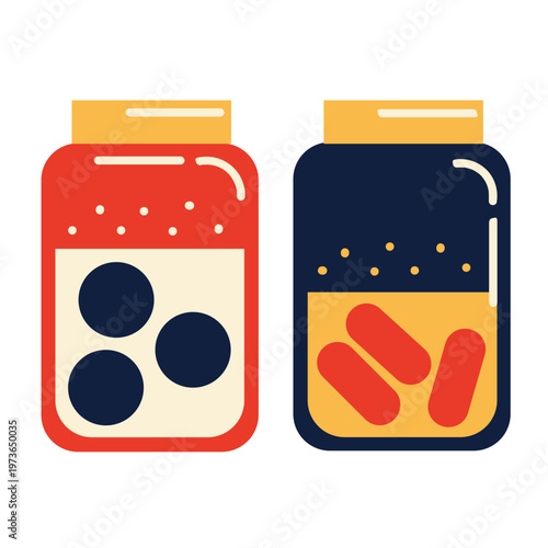 Two Colorful Graphic Jars Containing Spheres and Capsules Modern Illustration.