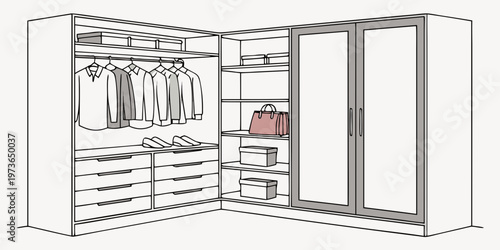 A detailed illustration of an open wardrobe closet with hanging clothes, drawers, shelves, and storage boxes, showcasing a modern and organized interior design