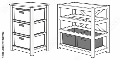 Line drawing of shelving units with storage bins on shelves for organization and storage solutions