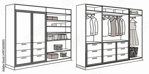 Detailed illustration of modern walkin closets with organized shelving and storage solutions