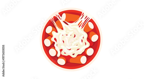 Top-down view of a bowl of Tteokbokki Korean rice cake dish topped with a generous amount of melted stringy white cheese in a bright and clean setting.