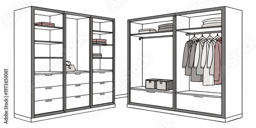 Illustration of modern walkin closet with shelving and hanging space