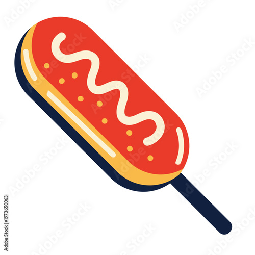 Vibrant flat design corn dog illustration with white wavy sauce yellow dots and a dark stick.