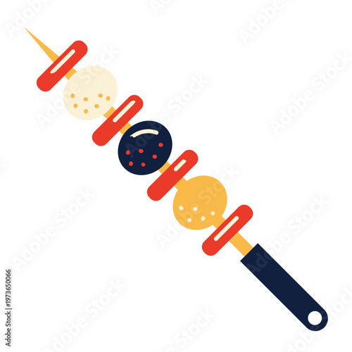 Vibrant flat design food skewer with cream blue yellow and red dotted and solid pieces.