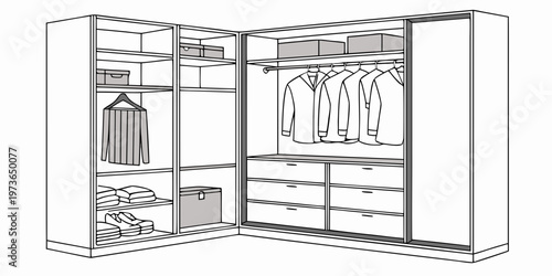 A line drawing of an open wardrobe closet with clothes and shoes organized inside