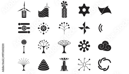 Set of black silhouette vector icons featuring a collection of nature trees and winter holiday travel symbols for party and art design illustration