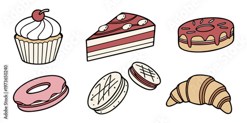 A set of colorful cartoon bakery items including a cupcake with a cherry on top