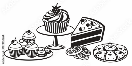 Black and white illustration of assorted sweet treats including cupcakes and cookies