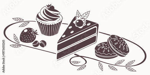 Vector illustration of assorted chocolate desserts on a plate with leaves