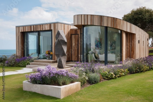 Modern house with curved design and large windows facing the ocean located near the shore in a sunny coastal area with colorful landscaping and a sculpture in the garden