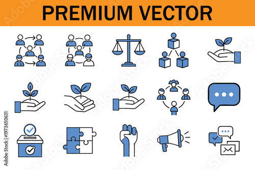 Set of social and community icons including teamwork, justice, growth, communication, and activism symbols