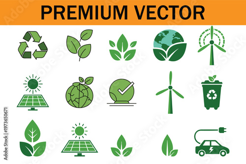 Set of green ecofriendly icons representing sustainability, renewable energy, and environmental conservation