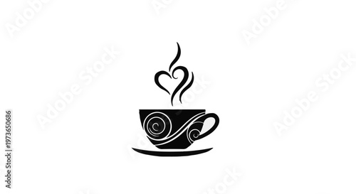 Coffee cup silhouette features a steaming heart design and decorative swirling patterns on a clean white background.