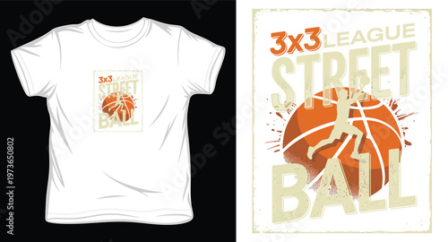 Street ball three on three league poster with basketball player silhouette jumping to score against textured orange background