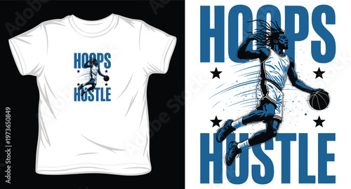 Hoops hustle street basketball player dribbling action t-shirt vector design illustration
