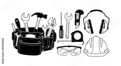 essential construction tools and safety equipment featuring a hard hat tool belt and various hand tools for professional industry work.
