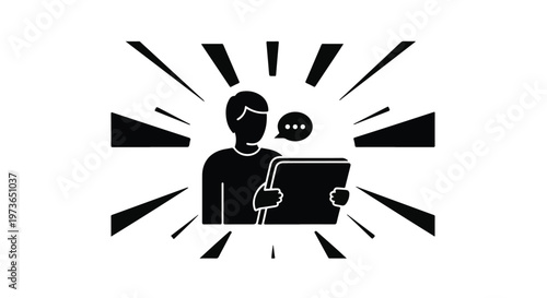 Person using a digital tablet shows a stylized human figure engaging with a mobile device.