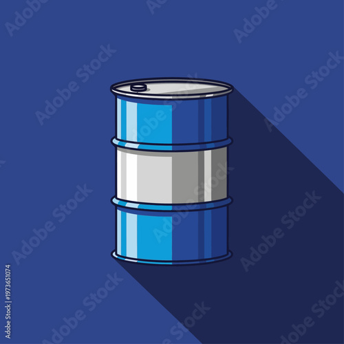 a blue and silver industrial barrel a flat design illustration representing oil or chemical storage with a long shadow on a deep blue background.