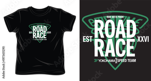 Road race speed team typography on black tshirt with green crest emblem and vintage racing aesthetics