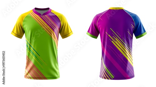 vibrant sports jersey mockup featuring a modern design with diagonal stripes in green, yellow, purple, and pink, front and back views