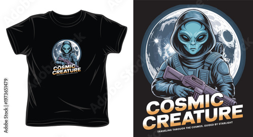 Alien creature traveling through cosmos guided by starlight on t shirt design with moon background