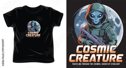 Alien creature traveling through cosmos guided by starlight on t shirt design with moon background