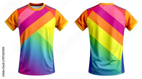 Vibrant rainbow-striped t-shirt mockup featuring front and back views on a plain white background, perfect for graphic design presentations