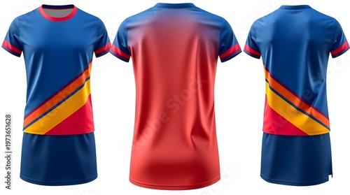 Front and back view of a blue and red sports jersey mockup with diagonal stripes, showcasing athletic wear design for teams and athletes