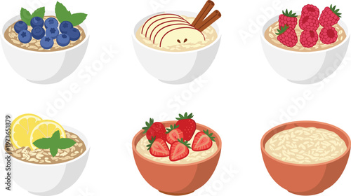 Healthy breakfast bowls vector set featuring oatmeal with fruits, berries, cinnamon and nuts in ceramic bowls isolated on white background