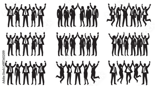 Silhouettes of people jumping up happily.