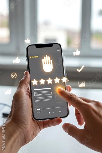 Person holding smartphone interacting with star rating and feedback interface