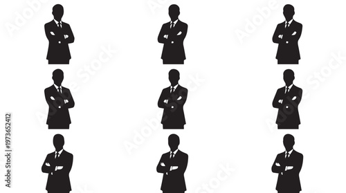 Silhouettes of businessmen in suits standing.