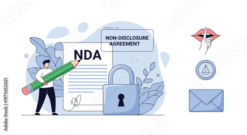 Man signs a non-disclosure agreement with a large pencil next to a giant padlock and icons of secrecy to emphasize data protection.