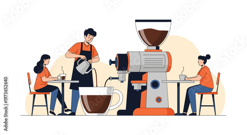 Skillful barista pours coffee for customers sitting at tables in a cozy cafe featuring a large professional espresso machine and grinder.