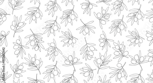 Seamless pattern featuring delicate black and white sketches of olive branches with ripe olives on a clean white background for a natural aesthetic.