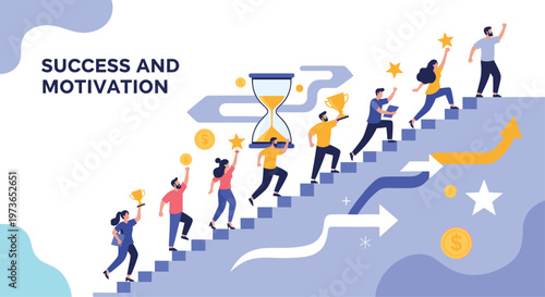 Diverse group of people climbs a giant staircase towards success accompanied by trophies, stars, coins, and an hourglass for motivation.