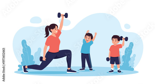 Healthy family lifestyle features a mother and her two young sons performing dumbbell exercises and stretches in an outdoor park setting.