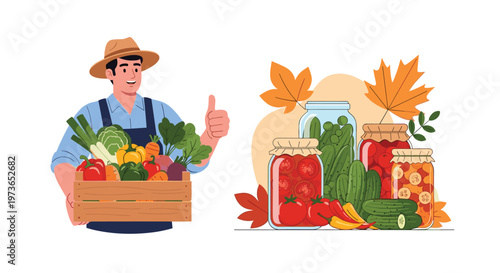 Happy farmer gives a thumbs up while holding a crate of fresh harvest next to colorful jars of pickled and preserved vegetables.